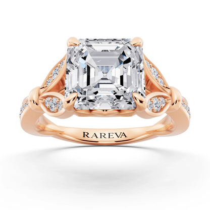 14 KT Rose Gold Asscher Cut Diamond Ring with Lotus Collar - front view