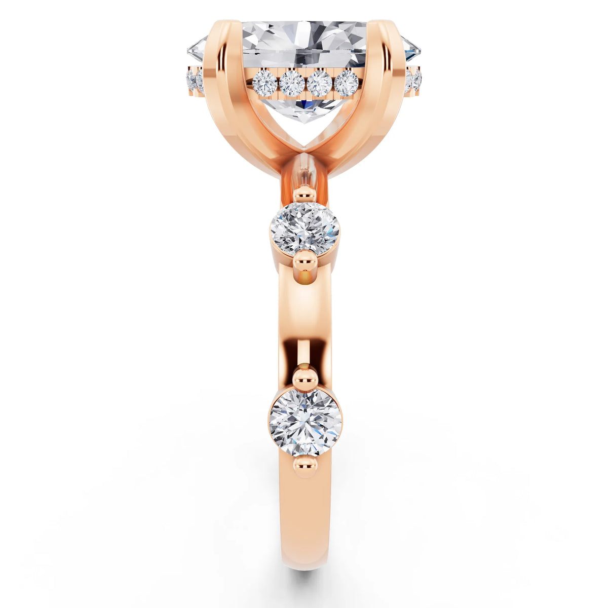 14 KT Rose Gold Oval Cut Diamond Solitaire Ring with Floating Diamond Accents - side view