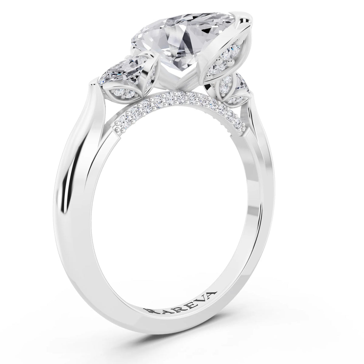 18 KT White Gold Marquise Cut Diamond Cluster Engagement Ring with Pear Accents and Pavé Band - top view