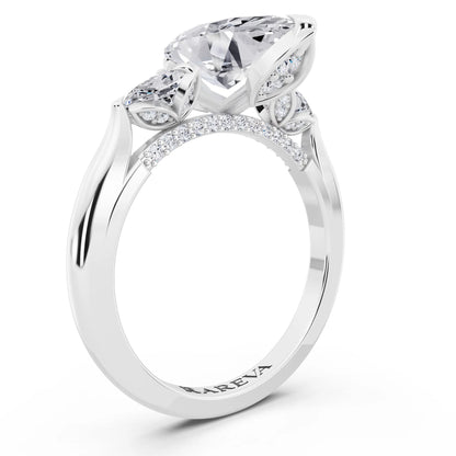 18 KT White Gold Marquise Cut Diamond Cluster Engagement Ring with Pear Accents and Pavé Band - top view