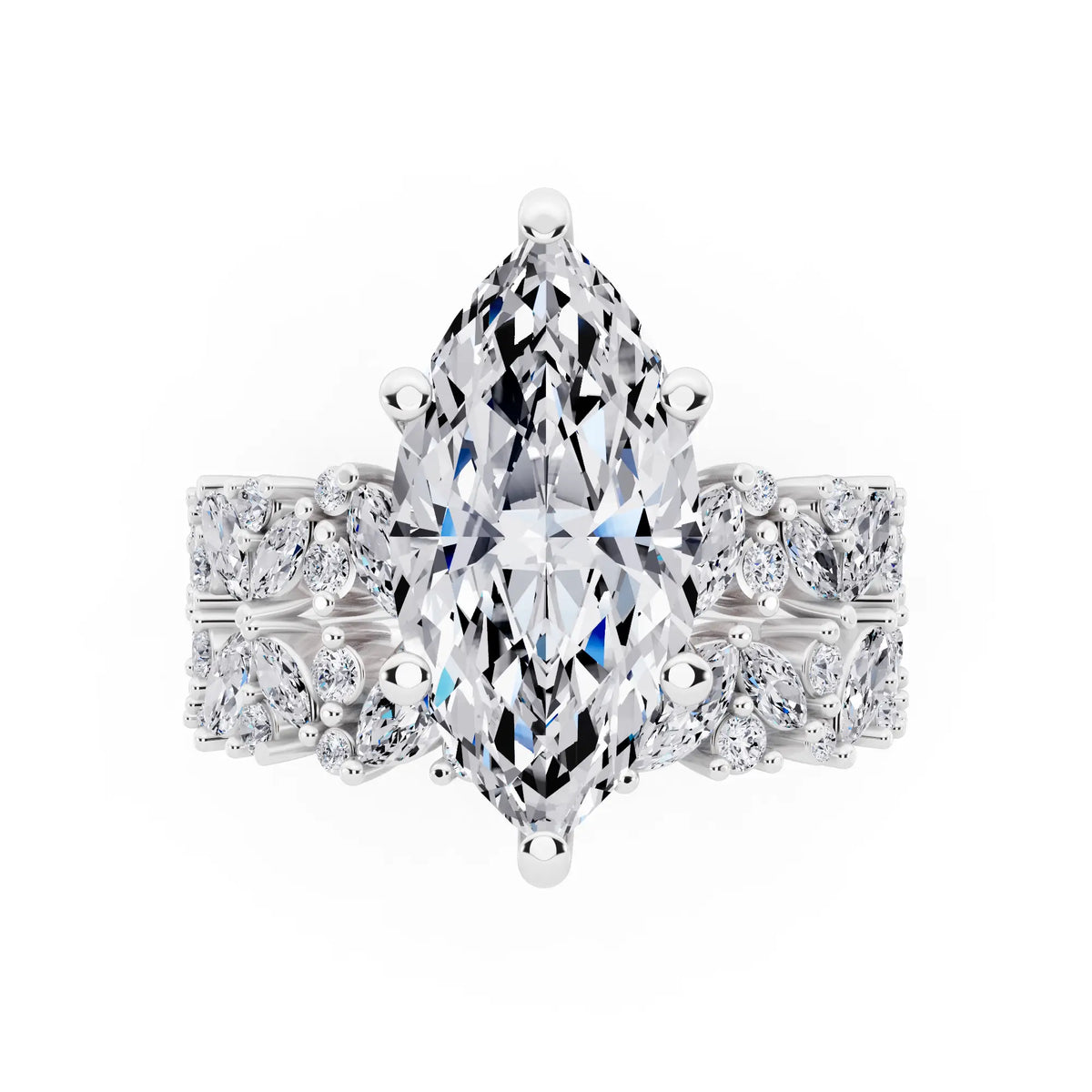 18 KT White Gold Marquise Cut Diamond Ring with Marquise Cluster Band - top angle