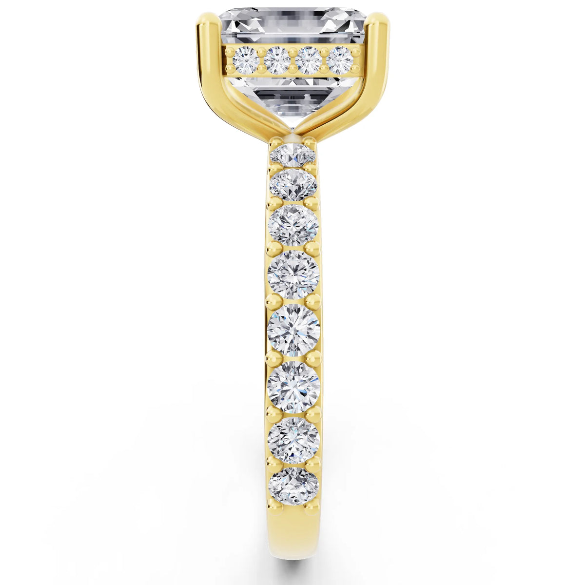 18 KT Yellow Gold Asscher Cut Diamond Solitaire Ring with Hidden Halo and Pave Band - side view