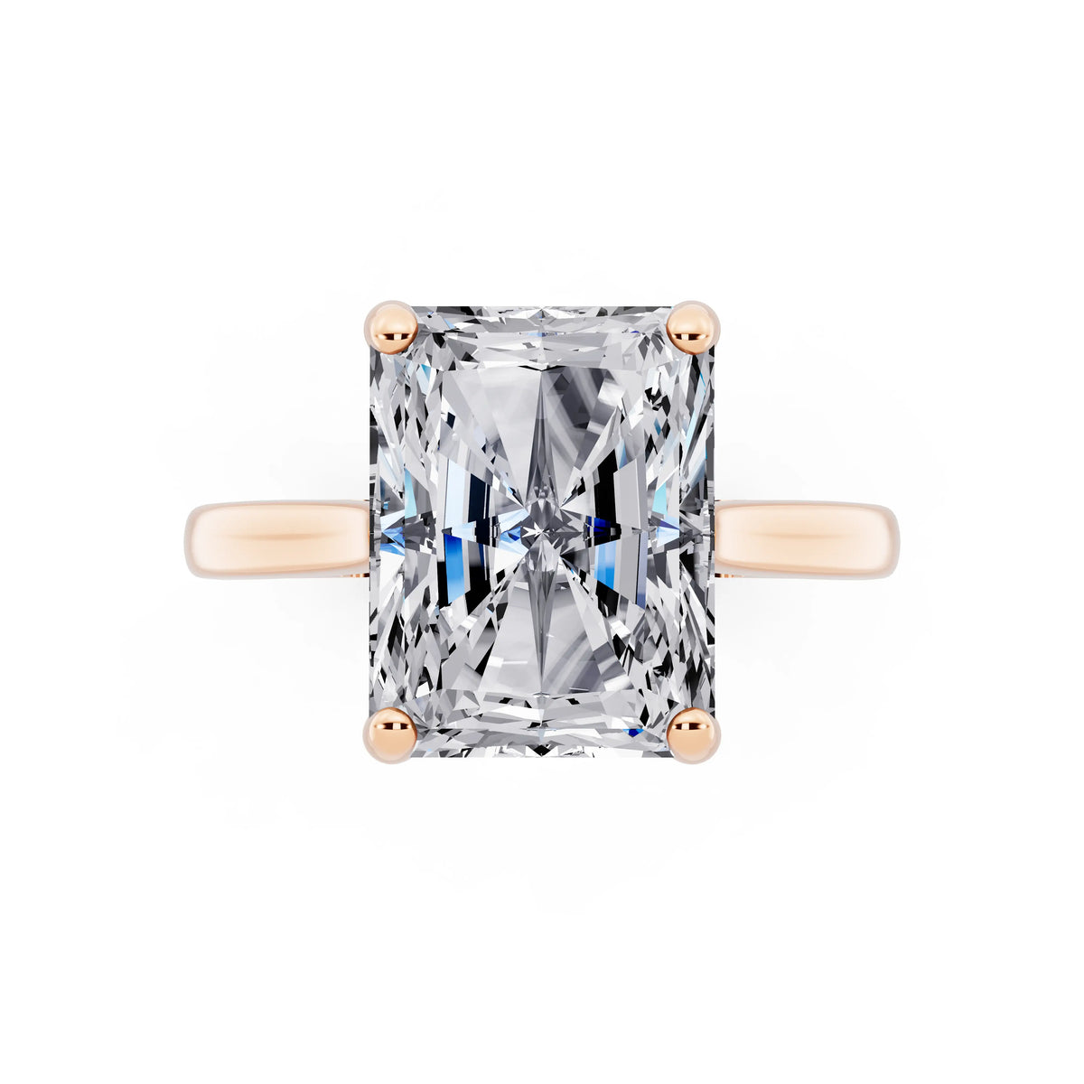 14 KT Rose Gold Radiant Cut Diamond Solitaire Ring with Cathedral Band - top angle
