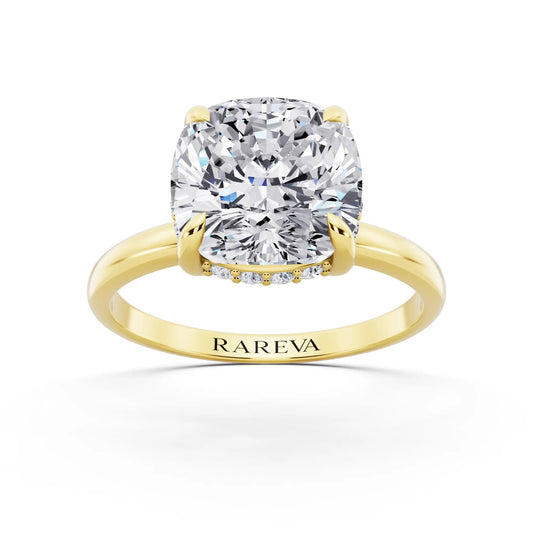 14 KT Yellow Gold Cushion Cut Diamond Hidden Halo Solitaire Ring - front view