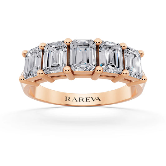 10K Rose Gold Five Stone Emerald Cut Diamond Half Eternity Wedding Band - 2.5mm - Front
