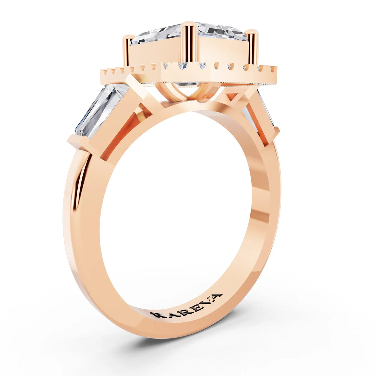 18 KT Rose Gold Emerald Cut Diamond Halo Ring with Baguette Accents - top view