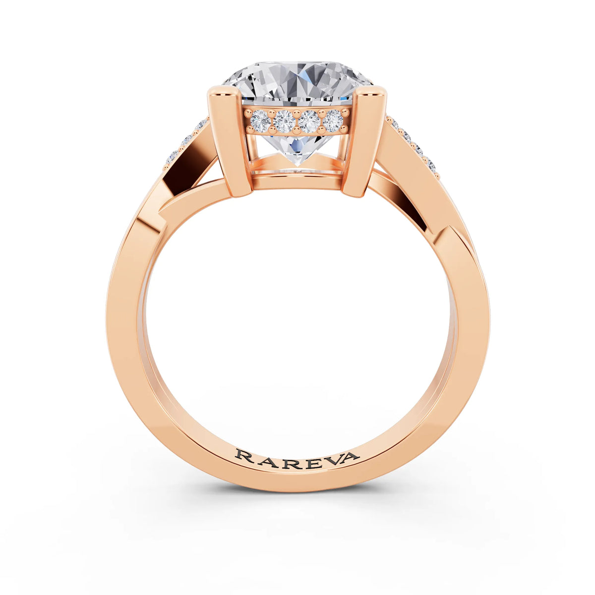14 KT Rose Gold Round Cut Diamond Split Shank Engagement Ring with Hidden Halo - through finger