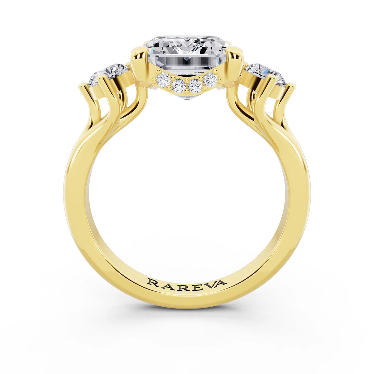 18 KT Yellow Gold Emerald Cut Diamond Three Stone Engagement Ring with Hidden Halo - through finger