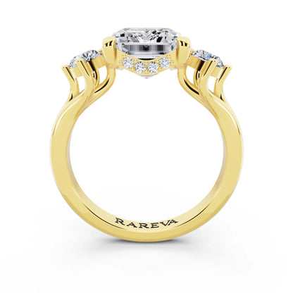 18 KT Yellow Gold Emerald Cut Diamond Three Stone Engagement Ring with Hidden Halo - through finger
