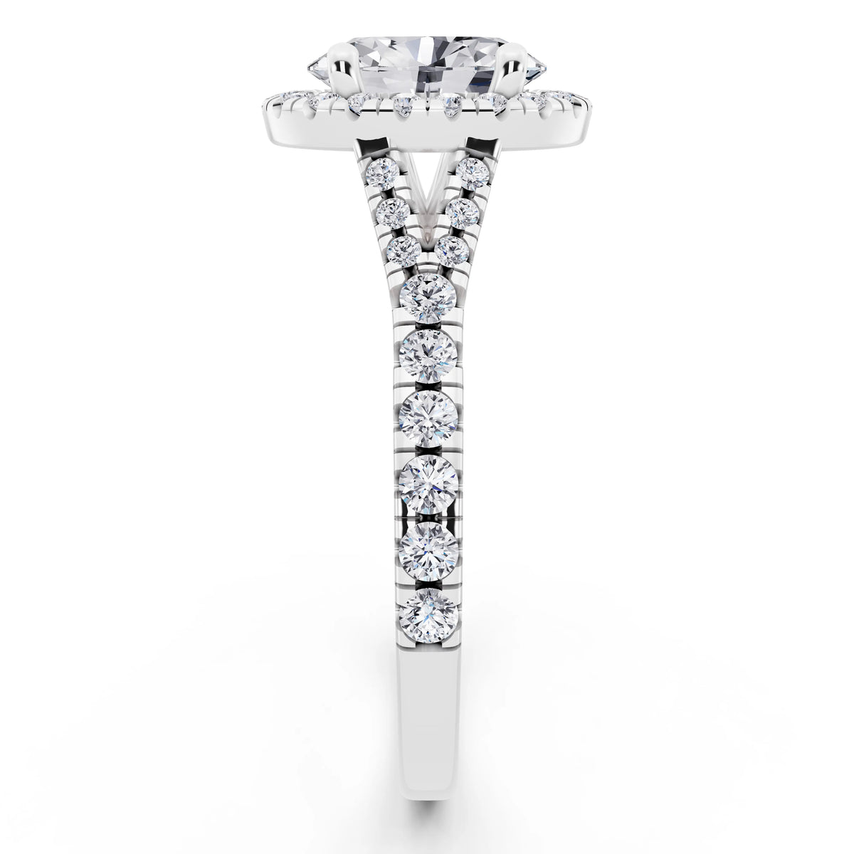 Platinum Oval Cut Diamond Halo Ring with Split Shank - side view