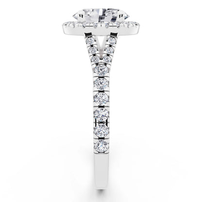 Platinum Oval Cut Diamond Halo Ring with Split Shank - side view