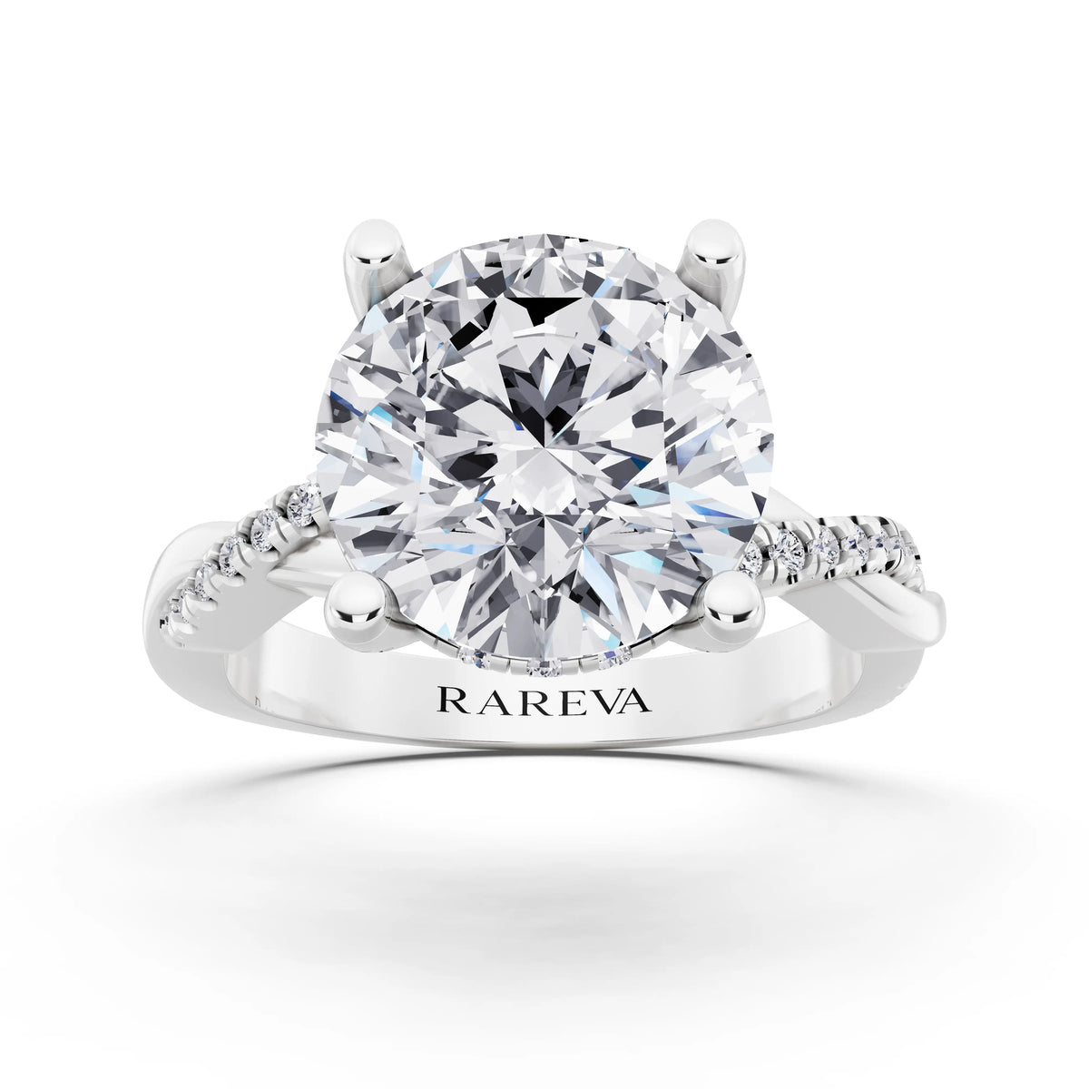 14 KT White Gold Round Cut Diamond Hidden Halo Ring with Twisted Pave Band - front view