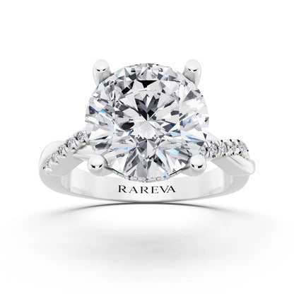 14 KT White Gold Round Cut Diamond Hidden Halo Ring with Twisted Pave Band - front view