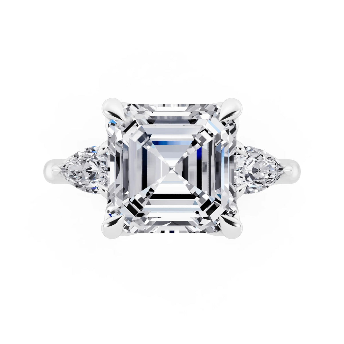 Platinum Asscher Cut Diamond Cluster Engagement Ring with Pear Accents and Pavé Band - top angle
