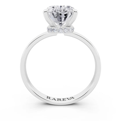14 KT White Gold Oval Cut Diamond Solitaire Ring with Pave Collar - through finger