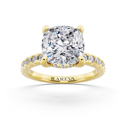 14 KT Yellow Gold Cushion Cut Diamond Hidden Halo Ring with Pave Shank - front view
