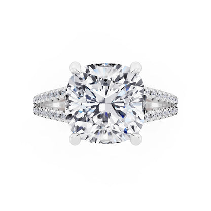 18 KT White Gold Cushion Cut Diamond Ring with Pavé Split Shank - top angle