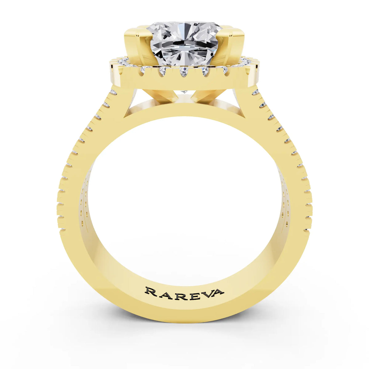 18 KT Yellow Gold Cushion Cut Diamond Halo Ring with Twin Pave Band - through finger