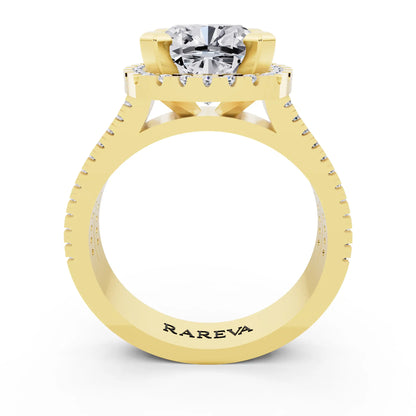 18 KT Yellow Gold Cushion Cut Diamond Halo Ring with Twin Pave Band - through finger