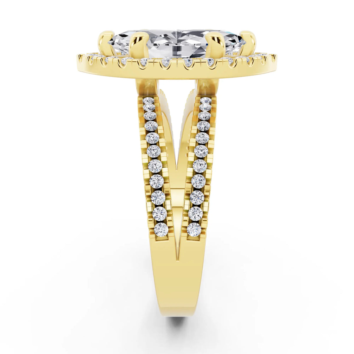 14 KT Yellow Gold Marquise Cut Diamond Halo Ring with Pave Split Shank - side view
