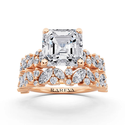 14 KT Rose Gold Asscher Cut Diamond Ring with Marquise Cluster Band - front view