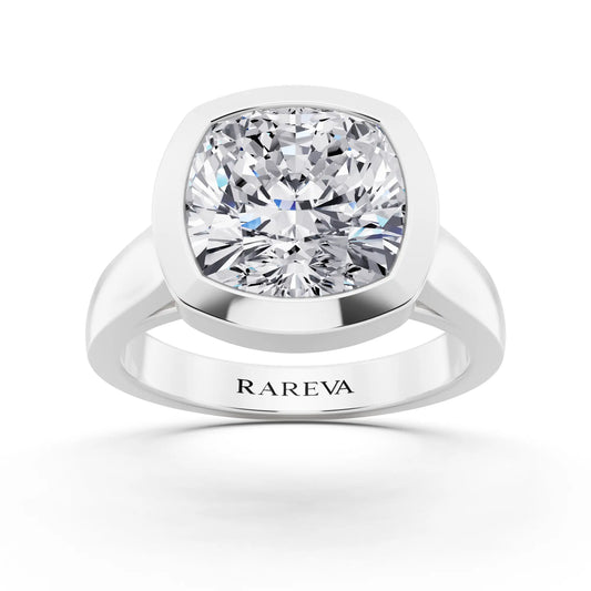 Platinum Cushion Cut Diamond Bezel Set Solitaire Ring - front view