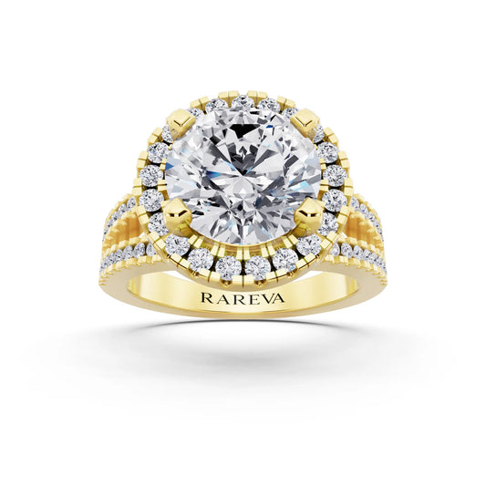 14 KT Yellow Gold Round Cut Diamond Halo Ring with Pave Split Shank - front view