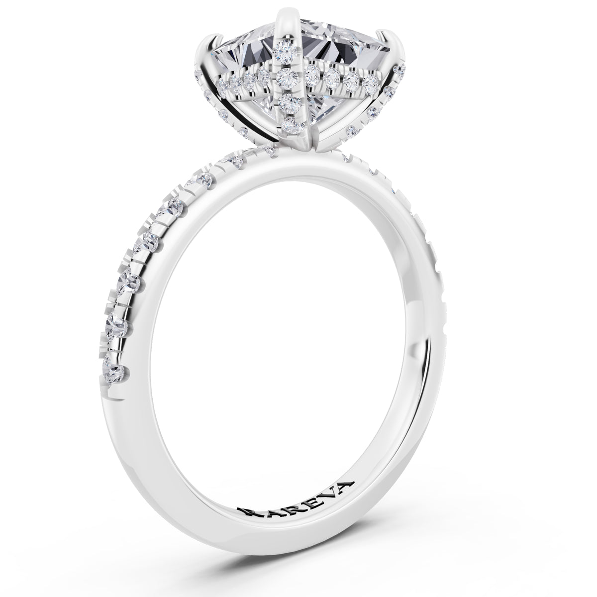 14 KT White Gold Princess Cut Diamond Hidden Halo Ring with Pave Shank - top view