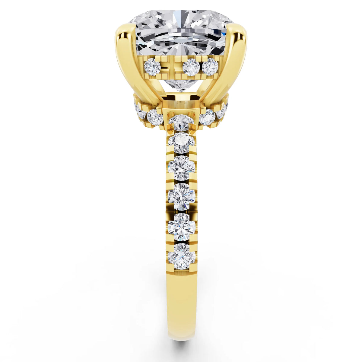 18 KT Yellow Gold Cushion Cut Diamond Hidden Halo Tiger Prong Pave Band Ring - side view