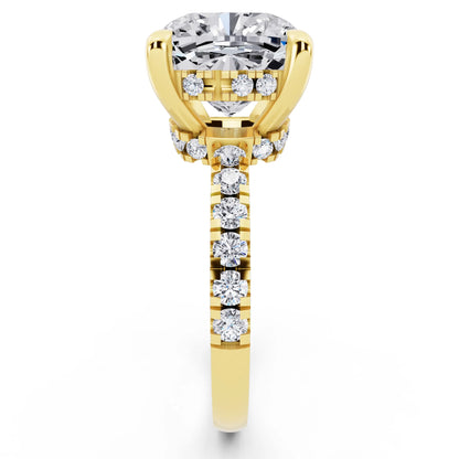 18 KT Yellow Gold Cushion Cut Diamond Hidden Halo Tiger Prong Pave Band Ring - side view