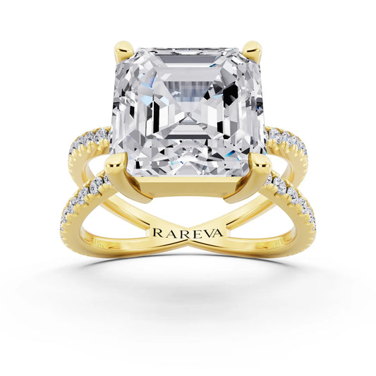 14 KT Yellow Gold Asscher Cut Diamond Ring with Twisted Split Shank - front view