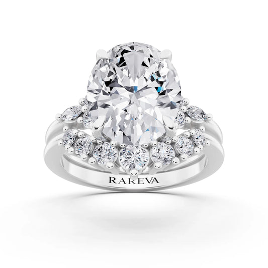 Platinum Oval Cut Diamond Ring with Curved Cluster Band - front view