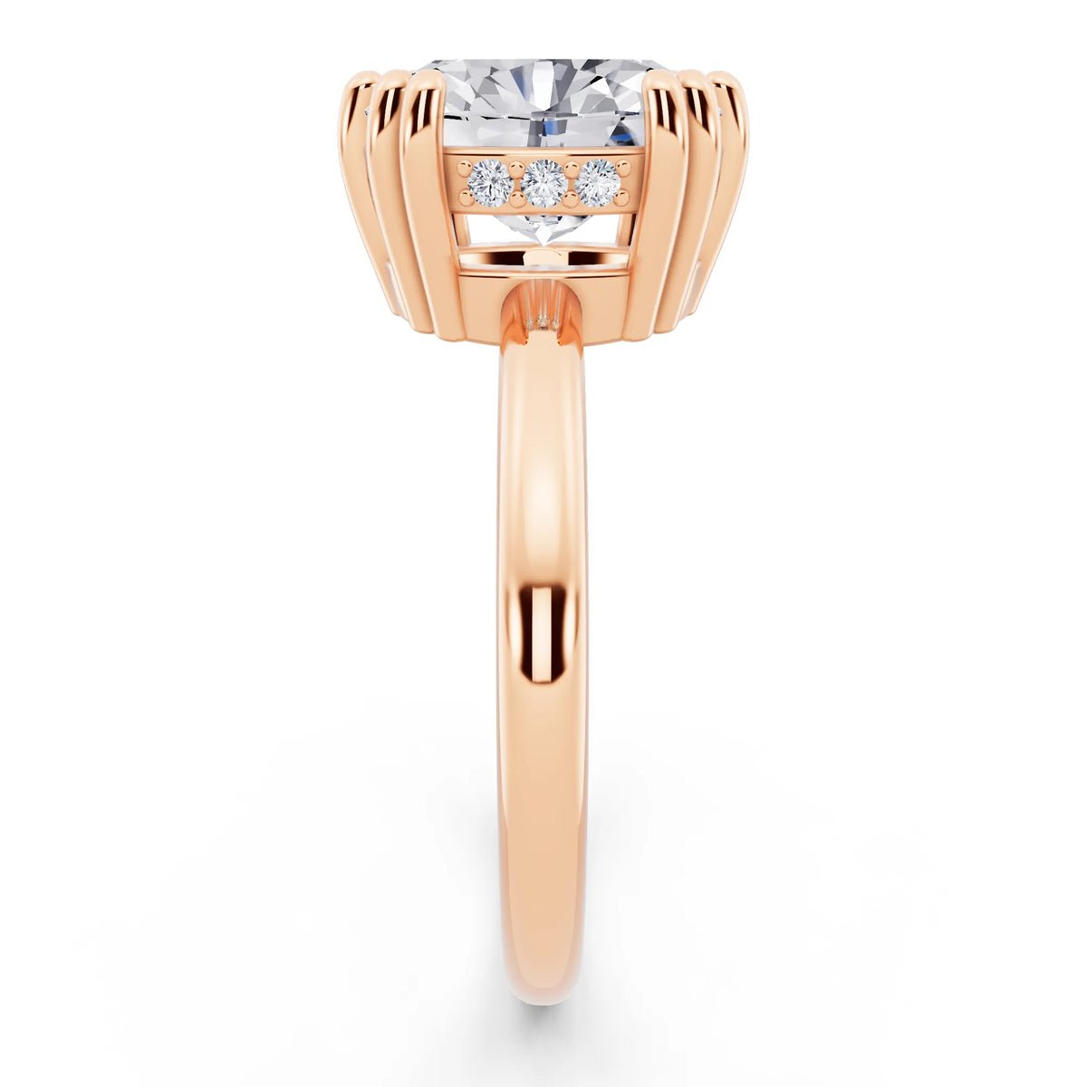 18 KT Rose Gold Oval Cut Diamond Solitaire Ring with Hidden Accent Basket - side view