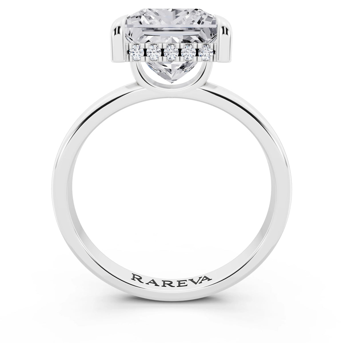 Platinum Princess Cut Diamond Solitaire Ring with Hidden Halo - through finger