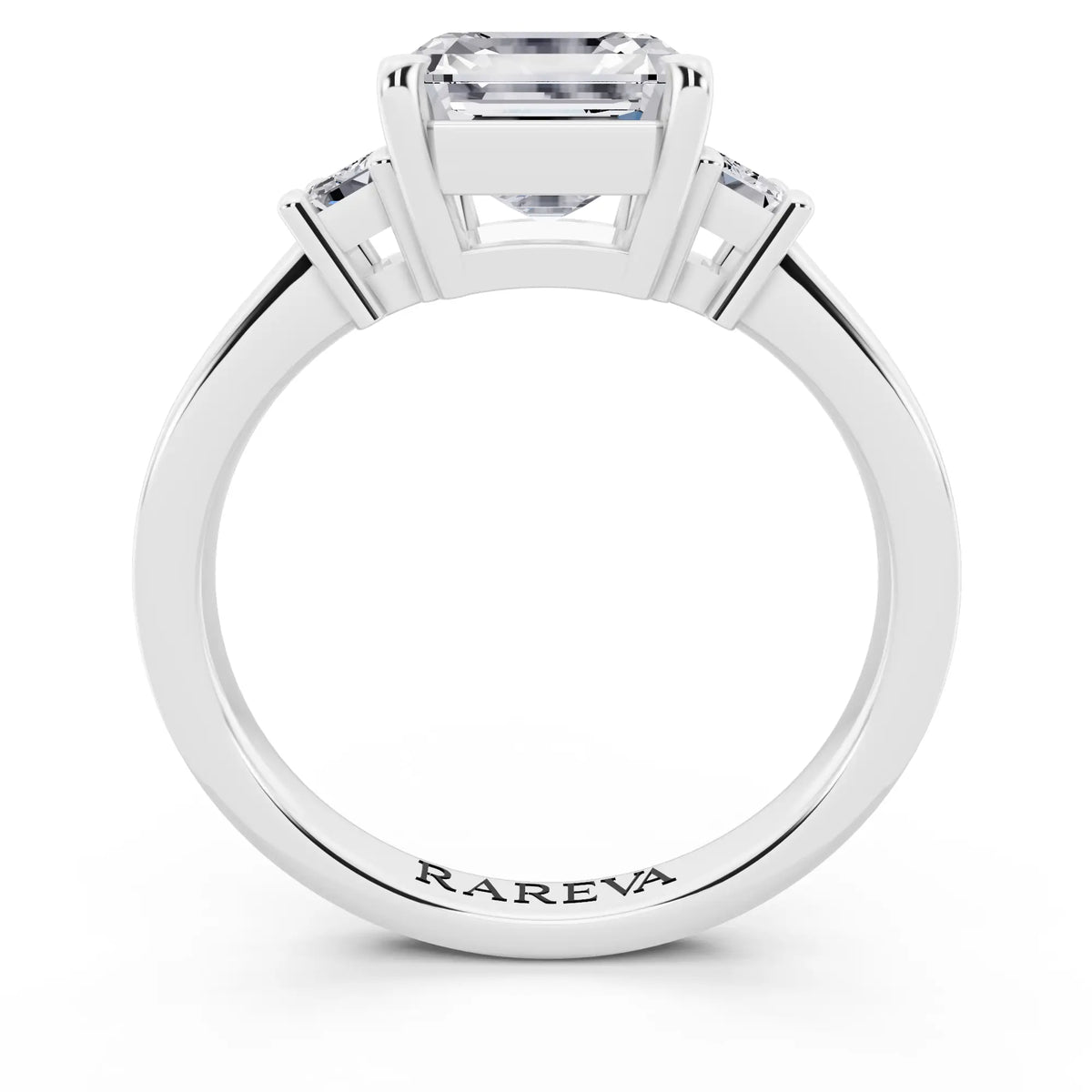 14 KT White Gold Asscher Cut Diamond Three Stone Emerald Accent Ring - through finger