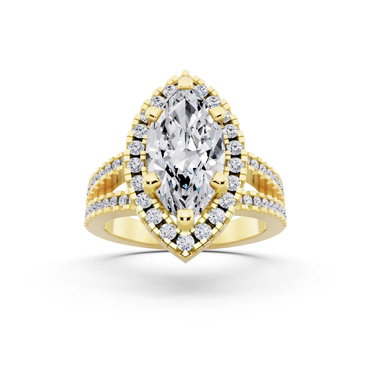 14 KT Yellow Gold Marquise Cut Diamond Halo Ring with Pave Split Shank - front view