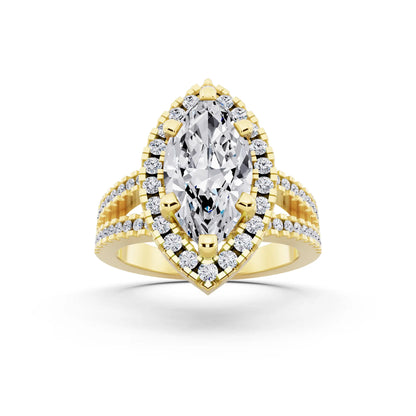 14 KT Yellow Gold Marquise Cut Diamond Halo Ring with Pave Split Shank - front view