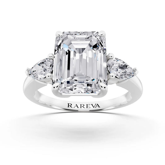 Platinum Emerald Cut Diamond Three Stone Pear Accent Ring - front view