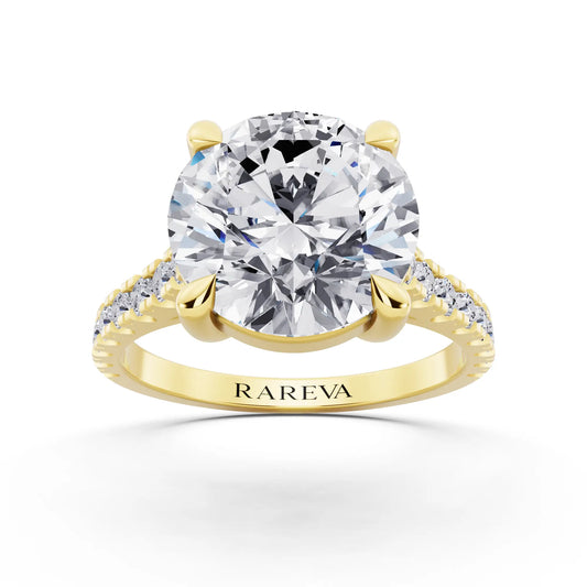 14 KT Yellow Gold Round Cut Diamond Solitaire Ring with Pave Band - Front