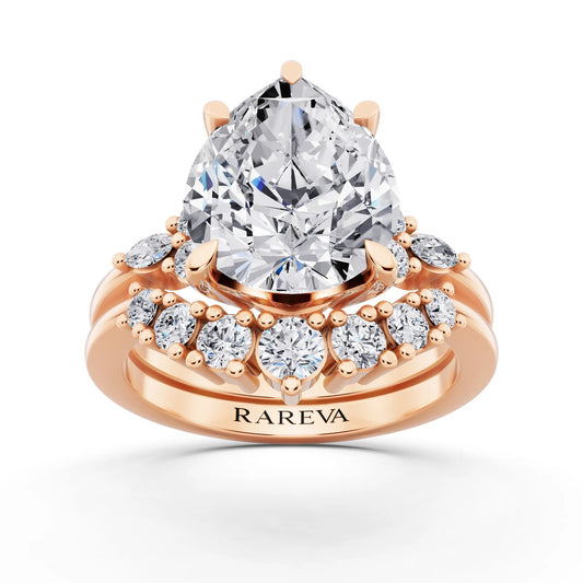 18 KT Rose Gold Pear Cut Diamond Ring with Curved Cluster Band - front view