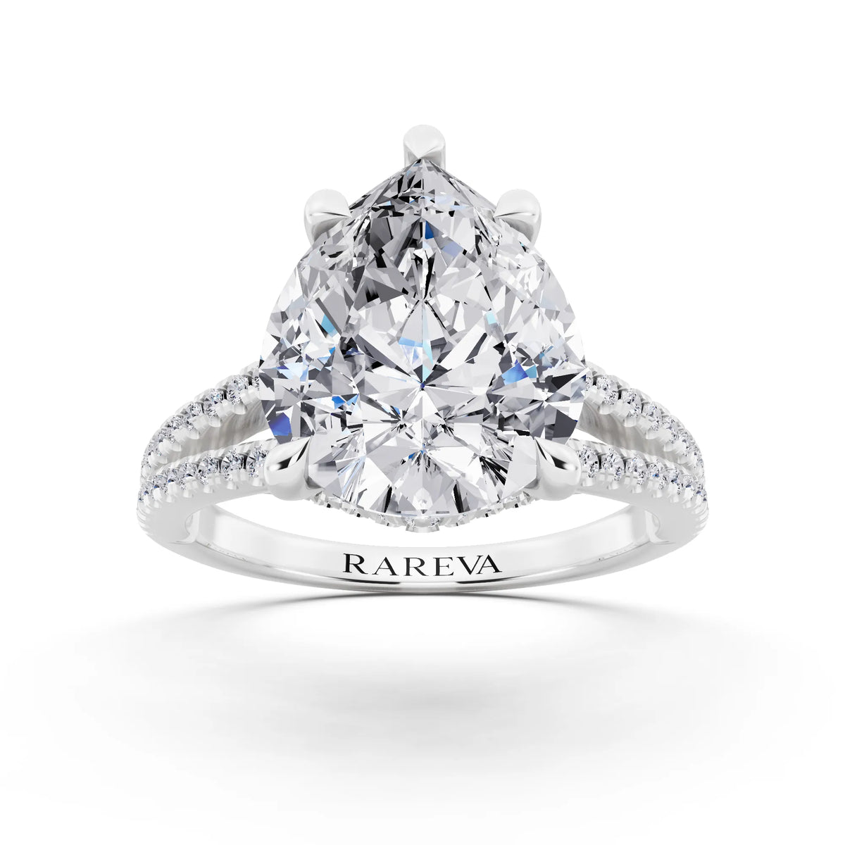 18 KT White Gold Pear Cut Diamond Ring with Pavé Split Shank - front view