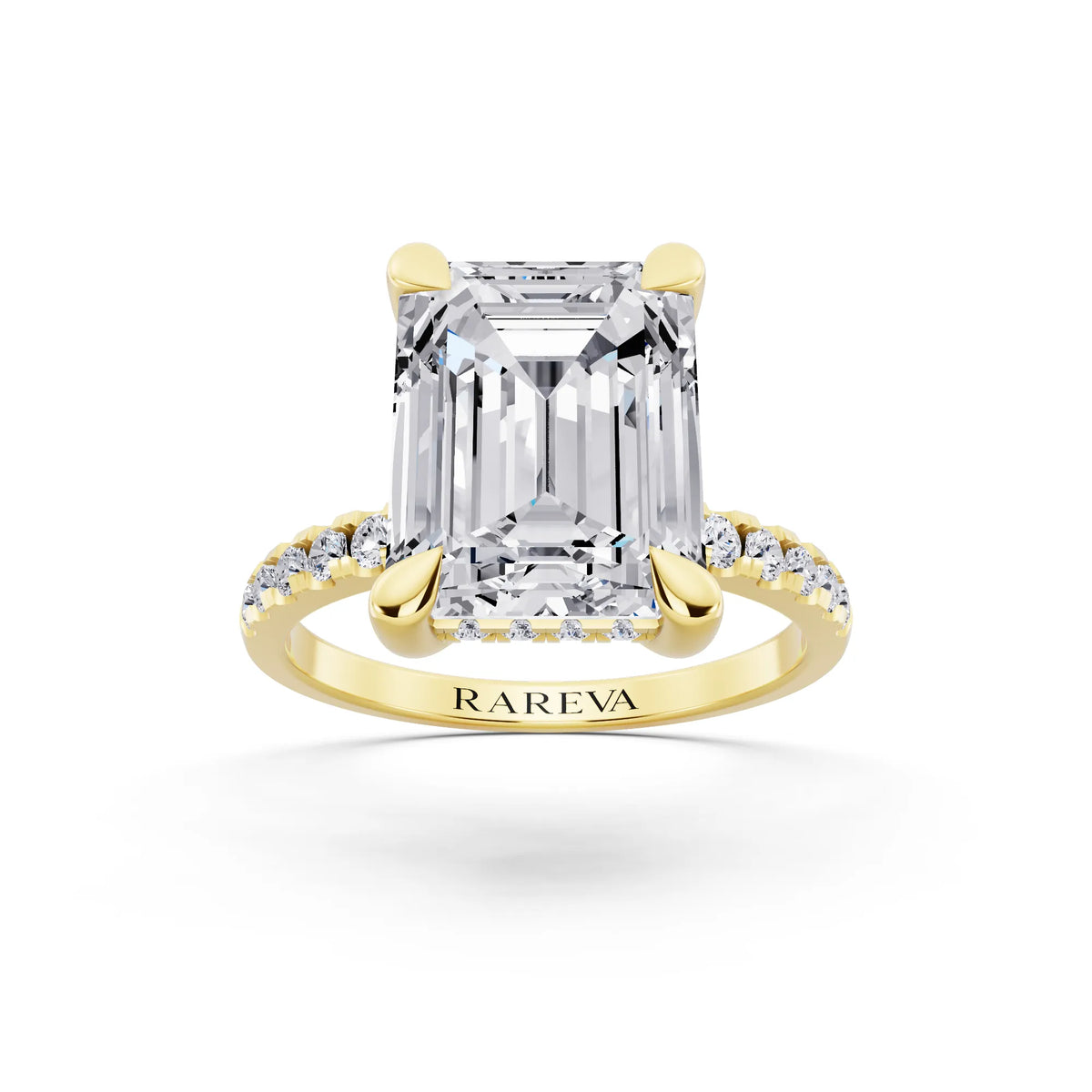 14 KT Yellow Gold Emerald Cut Diamond Solitaire Ring with Round Pavé Band and Prong Setting - front view