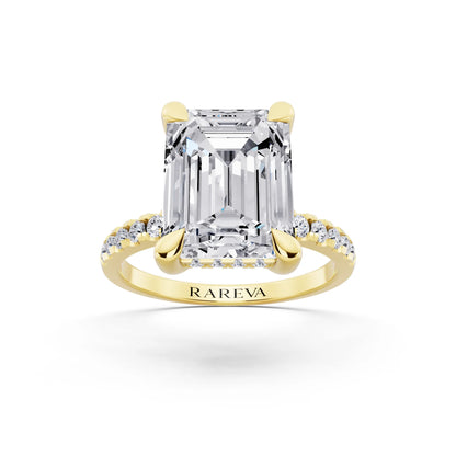 14 KT Yellow Gold Emerald Cut Diamond Solitaire Ring with Round Pavé Band and Prong Setting - front view