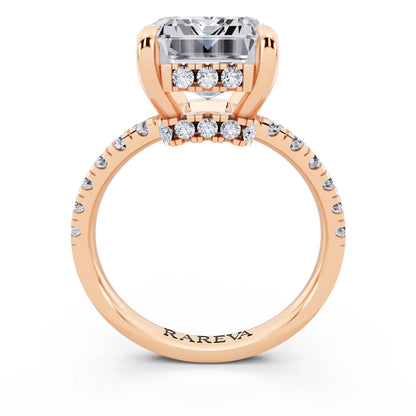 14 KT Rose Gold Emerald Cut Diamond Hidden Halo Tiger Prong Pave Band Ring - through finger