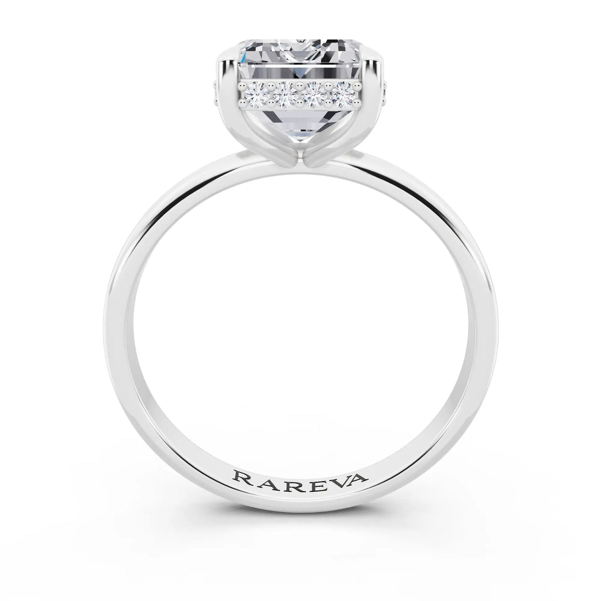 Platinum Emerald Cut Diamond Hidden Halo Solitaire Ring - through finger