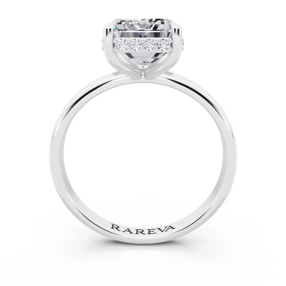 Platinum Emerald Cut Diamond Hidden Halo Solitaire Ring - through finger
