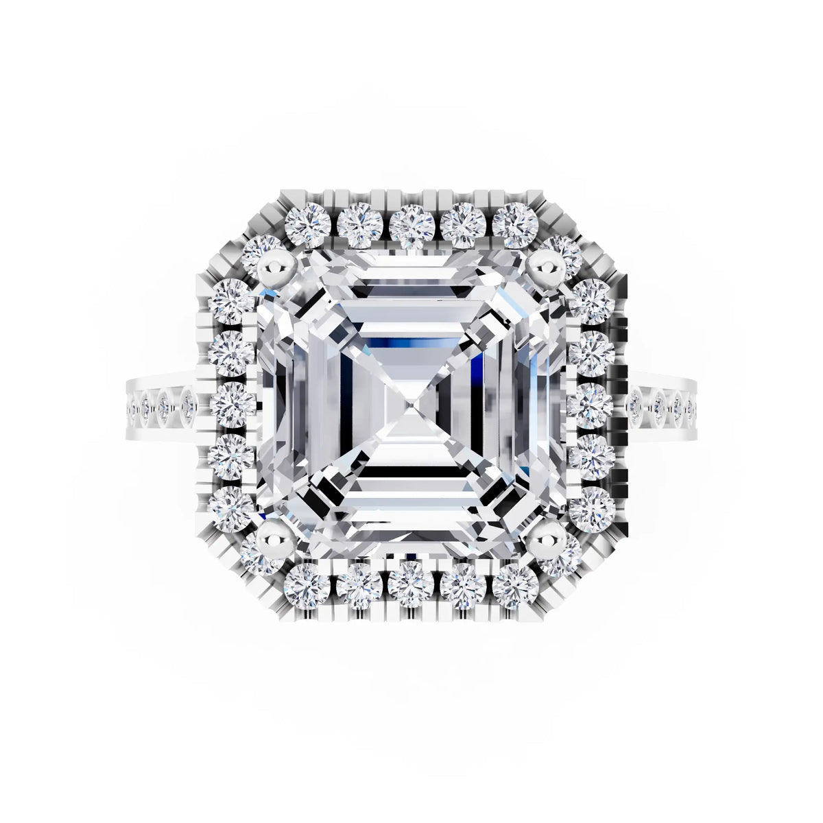 14 KT White Gold Asscher Cut Diamond Halo Ring with Bezel Accent Band - top angle