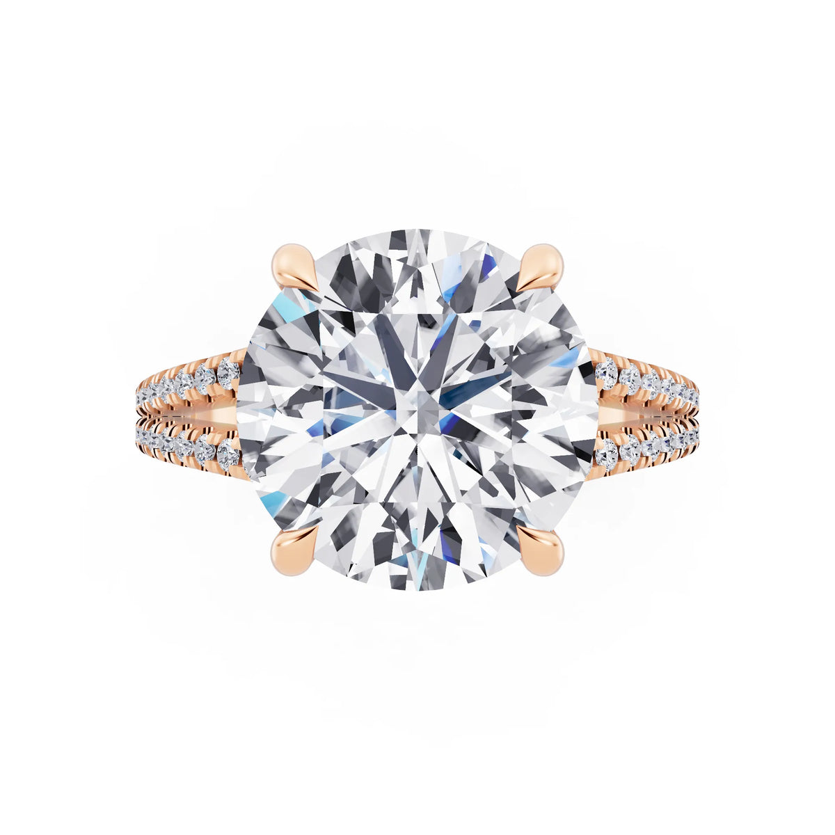 18 KT Rose Gold Round Cut Diamond Ring with Pavé Split Shank - top angle