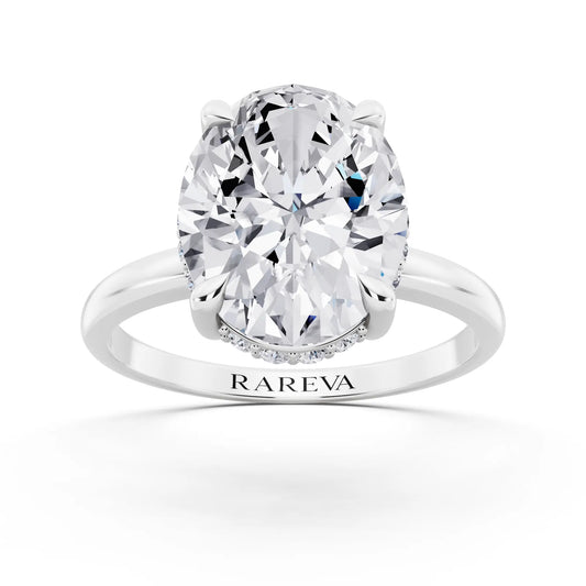 18 KT White Gold Oval Cut Diamond Hidden Halo Solitaire Ring - front view