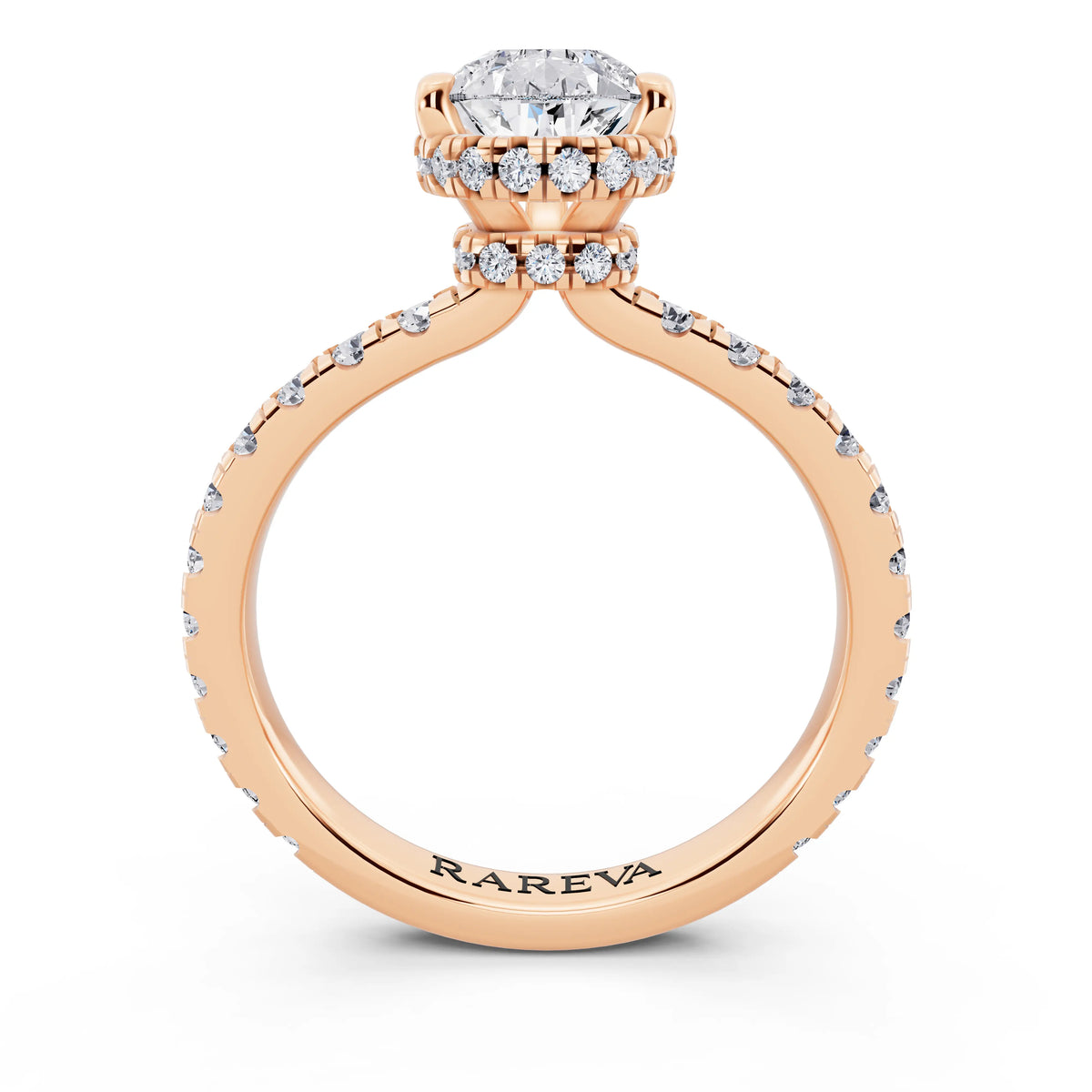 18 KT Rose Gold Pear Cut Diamond Hidden Halo Ring with Pave Band - through finger